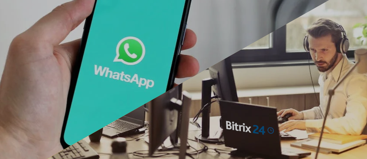 Teléfono con WhatsApp y empleado de Bitrix24 en computadora
